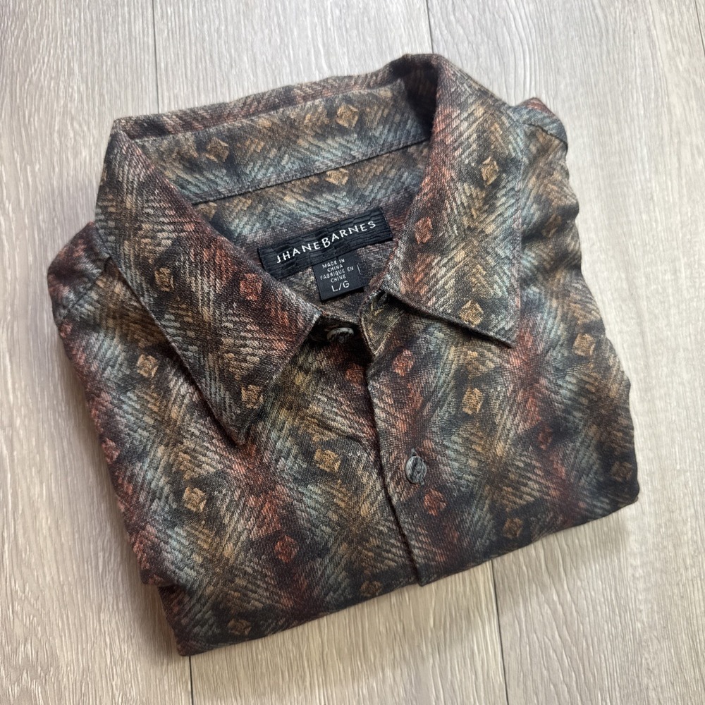 Jhane Barnes Men Large Shirt Collared Button Woven Abstract Vintage Trippy 90's